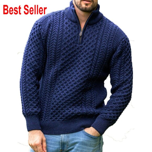Men's Cable Knit Half Zip Pullover Sweater Classic Retro Cozy Winter Wear